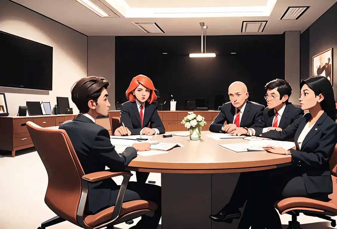 A diverse group of people sitting around a conference table, discussing and connecting with each other. Some wearing business suits, others in casual attire. Office setting..