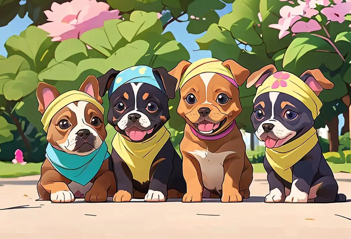 A group of puppies posing together with Snapchat dog filters, wearing cute bandanas, in a park filled with flowers..