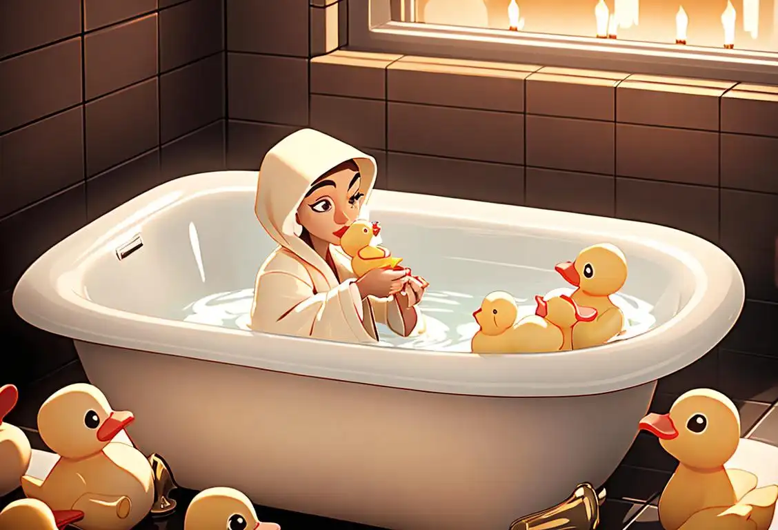 Person in a bathtub surrounded by rubber duckies, wearing a cozy bathrobe and holding a toaster. Bathroom setting with soothing candles and bubbles..