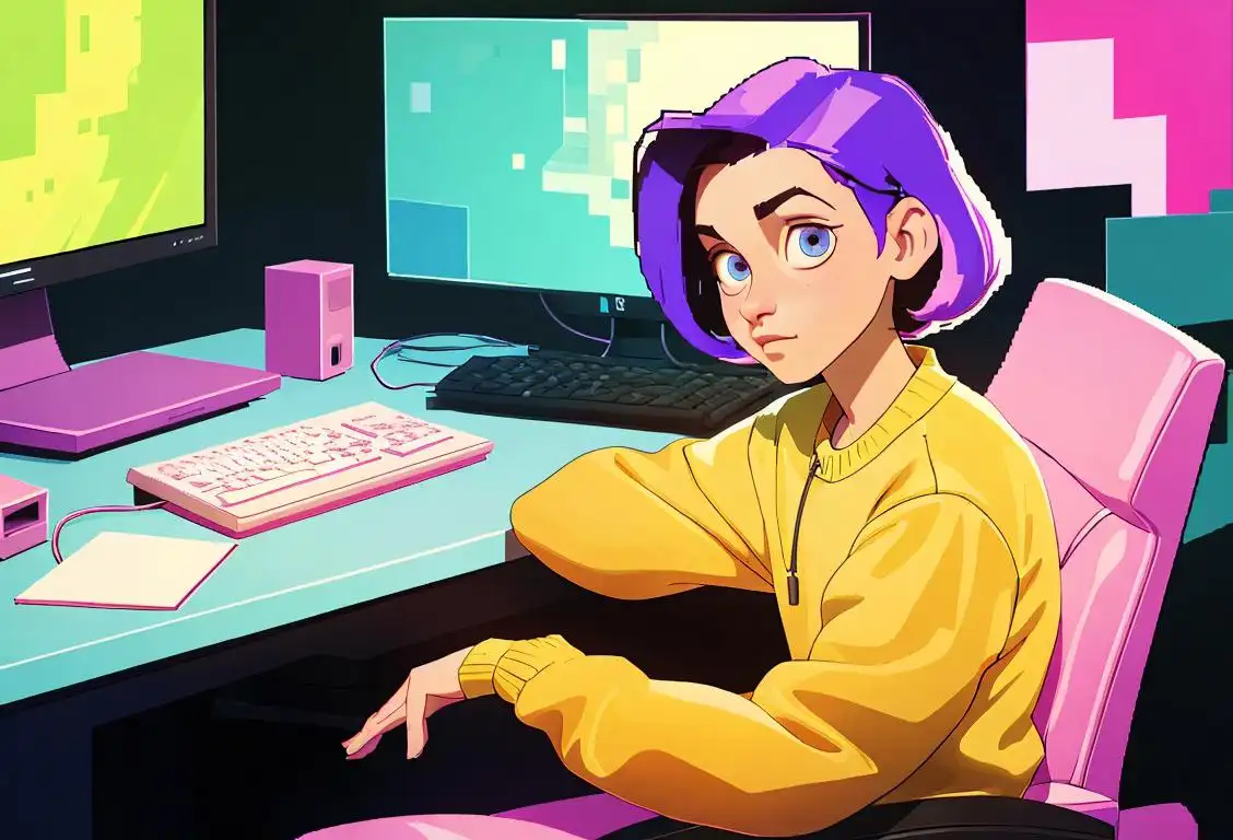 A young person sitting at a computer desk, wearing colorful clothing, retro 80s fashion, surrounded by floating glitchy pixel art..