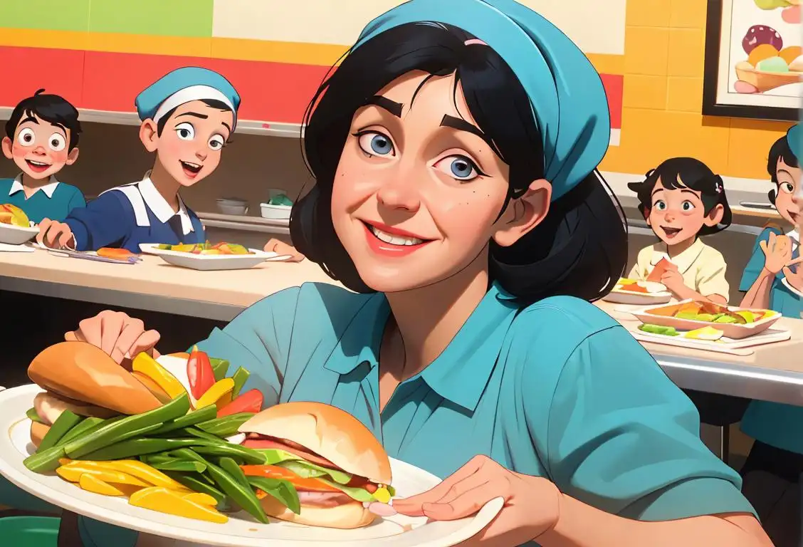 Friendly lunch lady wearing a hairnet, serving a delicious tray of food, surrounded by happy children in a colorful cafeteria..