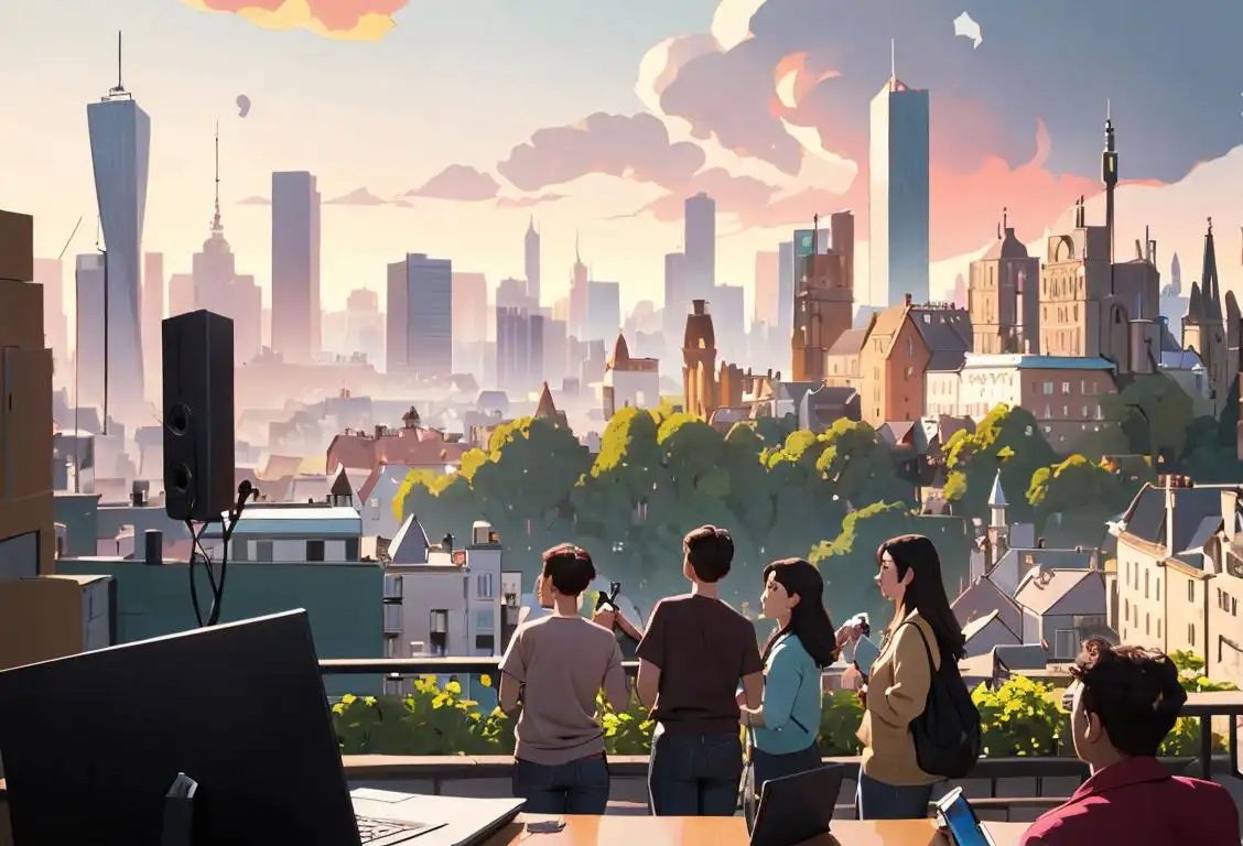A diverse group of people huddled around various devices, wearing casual attire, with a backdrop of a bustling cityscape and natural scenery..