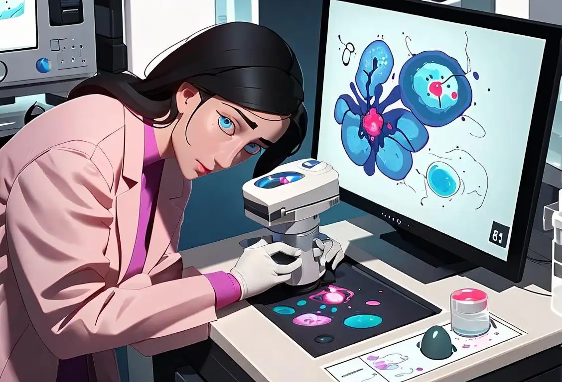 Young cytotechnologist examining a slide under a microscope, wearing lab coat, modern laboratory setting..