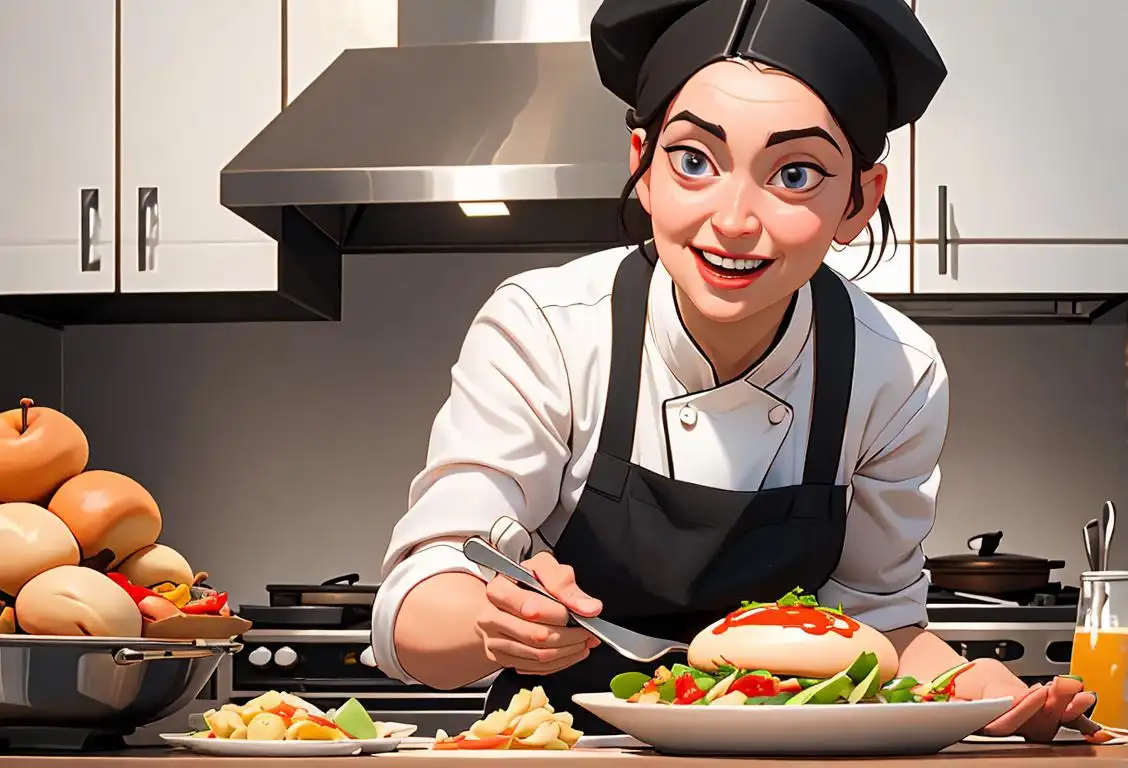 A joyful person in a kitchen, surrounded by a variety of delicious foods, showcasing diverse culinary cultures and wearing a chef hat..