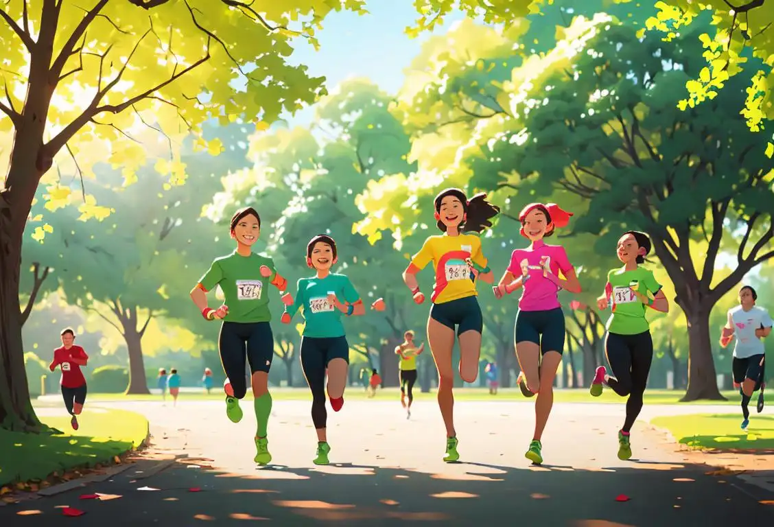 A group of diverse, smiling runners wearing colorful running attire, embracing each other in a park with green trees..