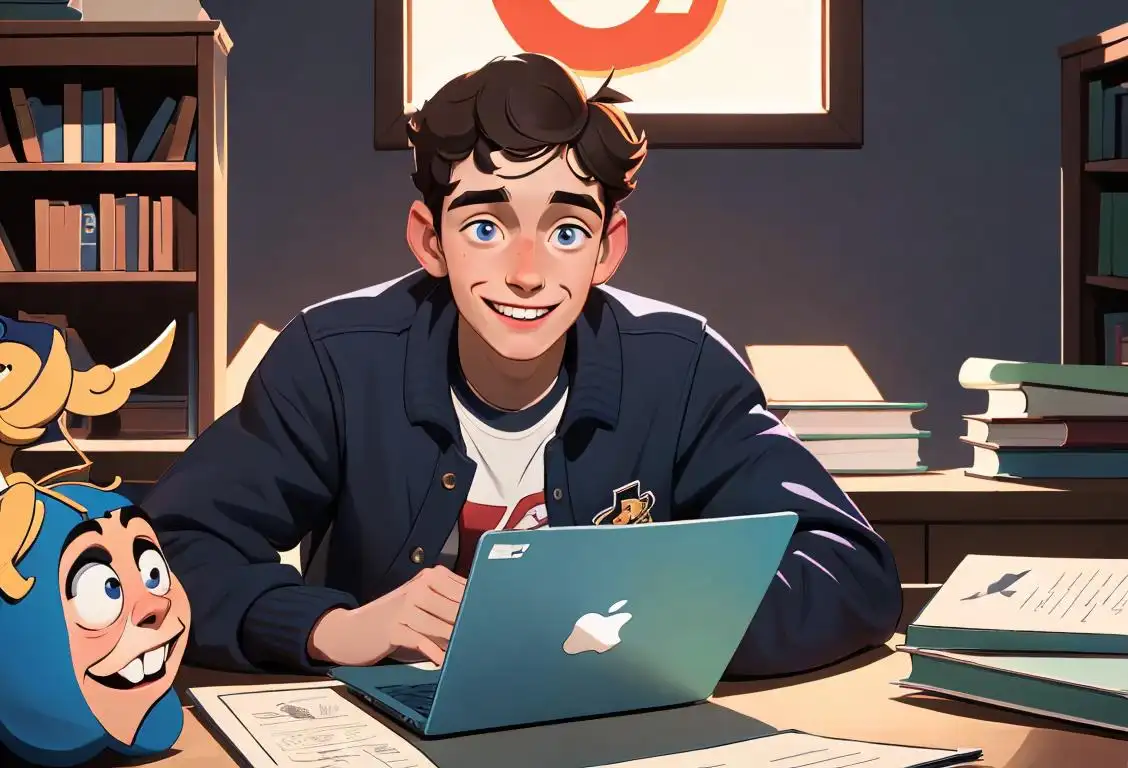 Young person named Casey, smiling and wearing a varsity jacket, surrounded by books and a laptop, university campus setting..