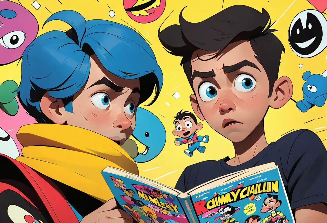 Young boy with his hair styled in a unique and playful way, wearing colorful mismatched clothes, surrounded by comic book posters and toys..