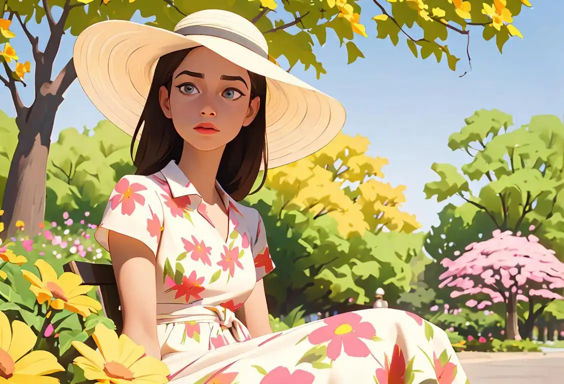 A young woman named Alicia, wearing a floral print dress and a sun hat, sitting in a park surrounded by blooming flowers..