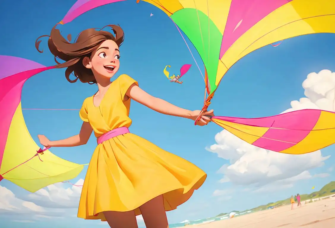 A cheerful young woman flying a kite in a colorful summer dress, enjoying the breeze on National Wind Day..