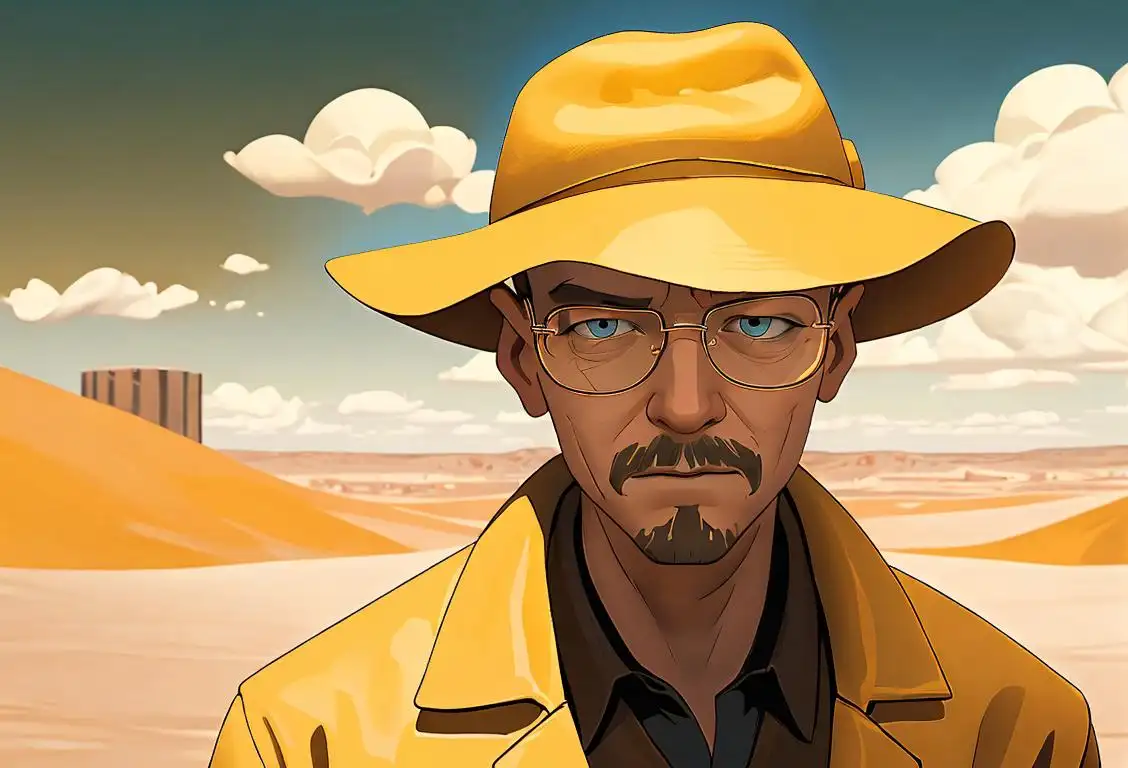 A person in a yellow lab coat and fedora hat holding a beaker, with a dramatic desert landscape in the background..