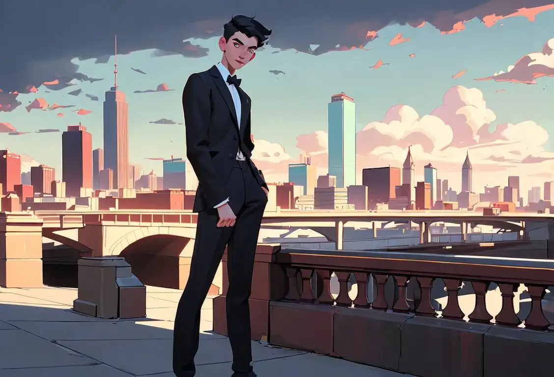 Young man wearing trendy clothes, striking a pose with a city skyline as the backdrop - Celebrating National Poser Day.