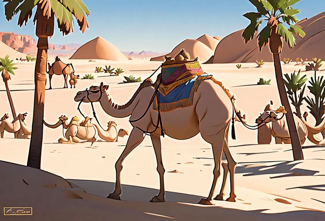 Close-up of a majestic camel, wearing a traditional Arabian-style saddle, in a desert oasis surrounded by palm trees..