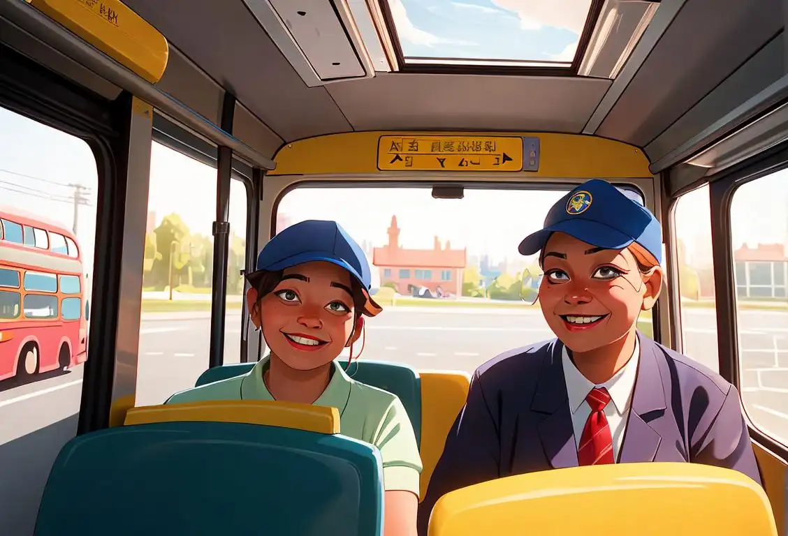 Happy bus driver wearing a cap, with a smiling group of diverse passengers onboard, scenic city view outside the window..