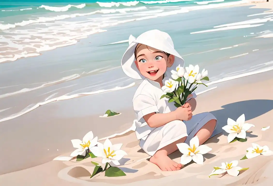 A joyful child dressed in white, surrounded by white flowers, playing in a white sand beach..