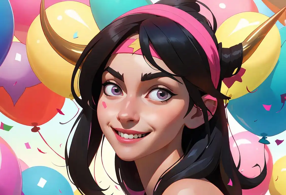 Young woman with a mischievous smile, wearing a horn headband, surrounded by colorful confetti and balloons..