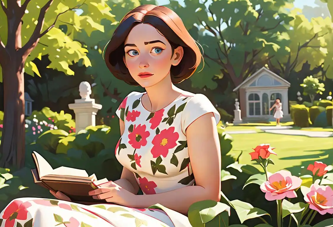 Young woman named Helen, wearing a floral dress, sitting in a garden surrounded by books and historical artifacts..