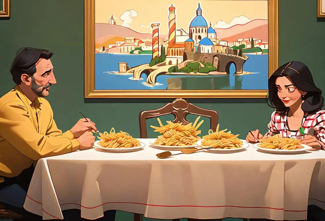 Picture of a family around a table enjoying a classic Italian feast, with a checkered tablecloth, colorful pasta dishes, and a backdrop of famous Italian landmarks in the background..