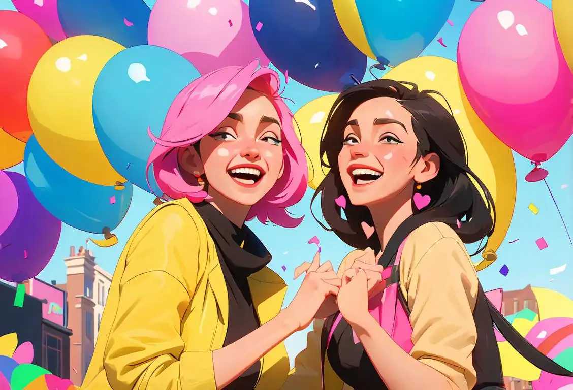 Young women laughing joyously while surrounded by colorful balloons and confetti, dressed in trendy outfits, urban city background..