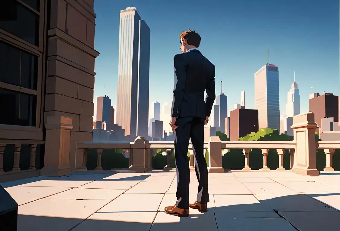 A person wearing a suit, holding a scale with decisions labeled on one side and outcomes on the other, standing in front of a city skyline..
