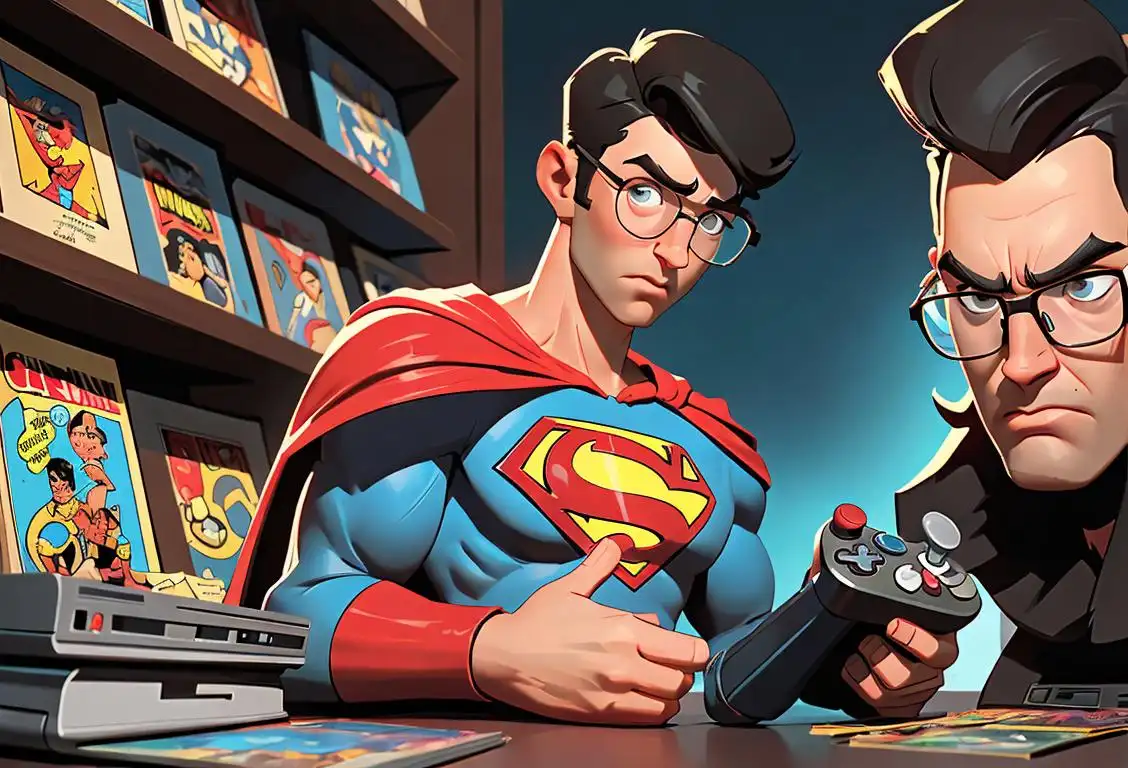 Young man wearing thick-rimmed glasses, holding a vintage video game controller, surrounded by comic books and superhero figurines..