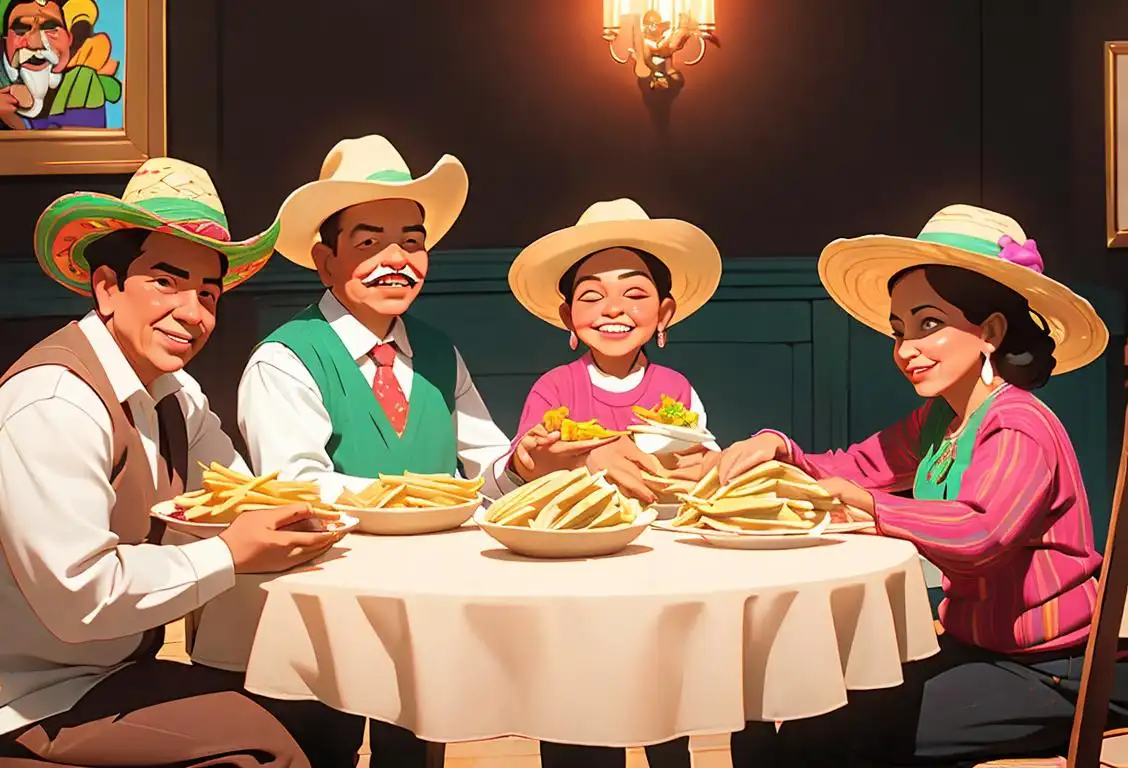 A joyful family gathering around a table filled with colorful tamales, wearing sombreros, in a festive Mexican-themed setting..