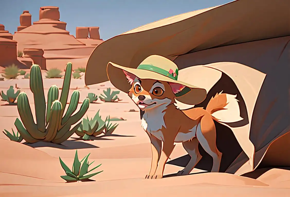 Cute coyote pup playing in a desert landscape, wearing a sun hat, Southwest fashion, desert cactus scene..