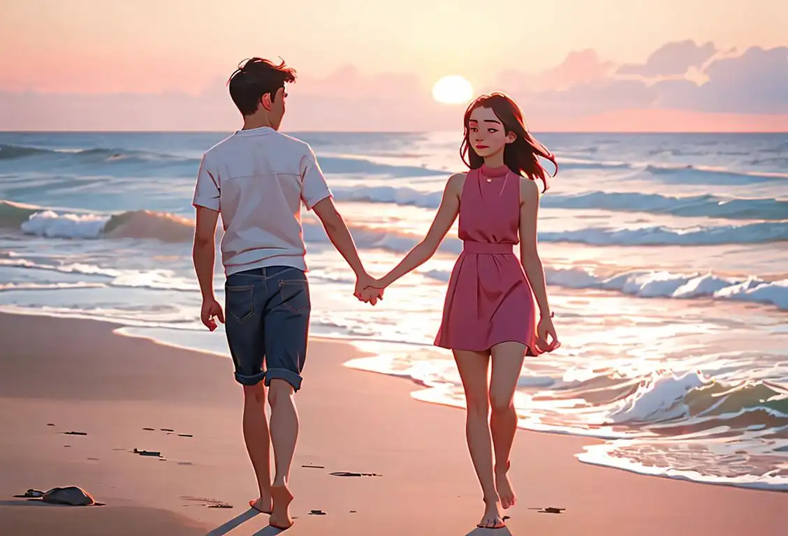 Young couple taking a walk on a peaceful beach, holding hands, wearing matching outfits, coastal sunset scene..