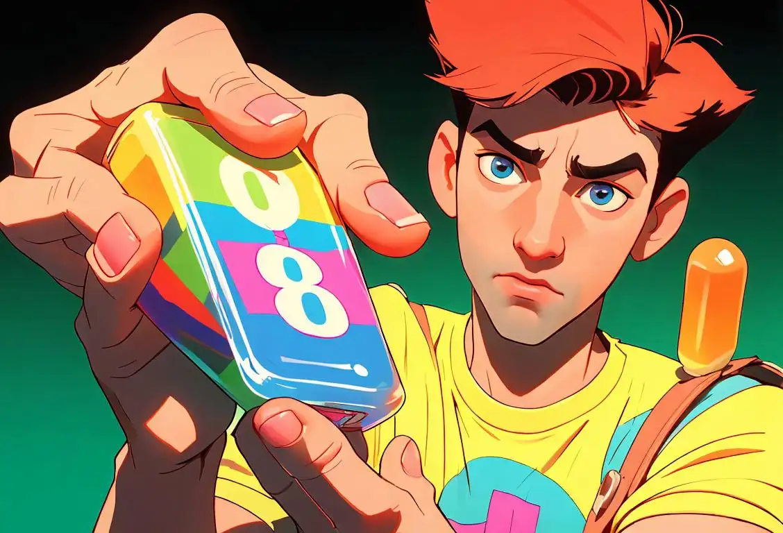 Young man holding a pocket-sized container of Tic Tacs, wearing a retro shirt, 80s style, colorful arcade background..