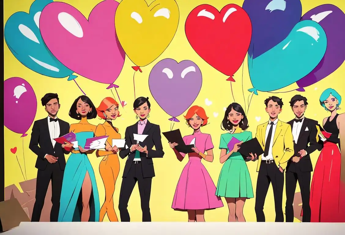 A group of diverse individuals holding thank-you cards with colorful backgrounds, wearing trendy clothing, city setting with happy expressions..
