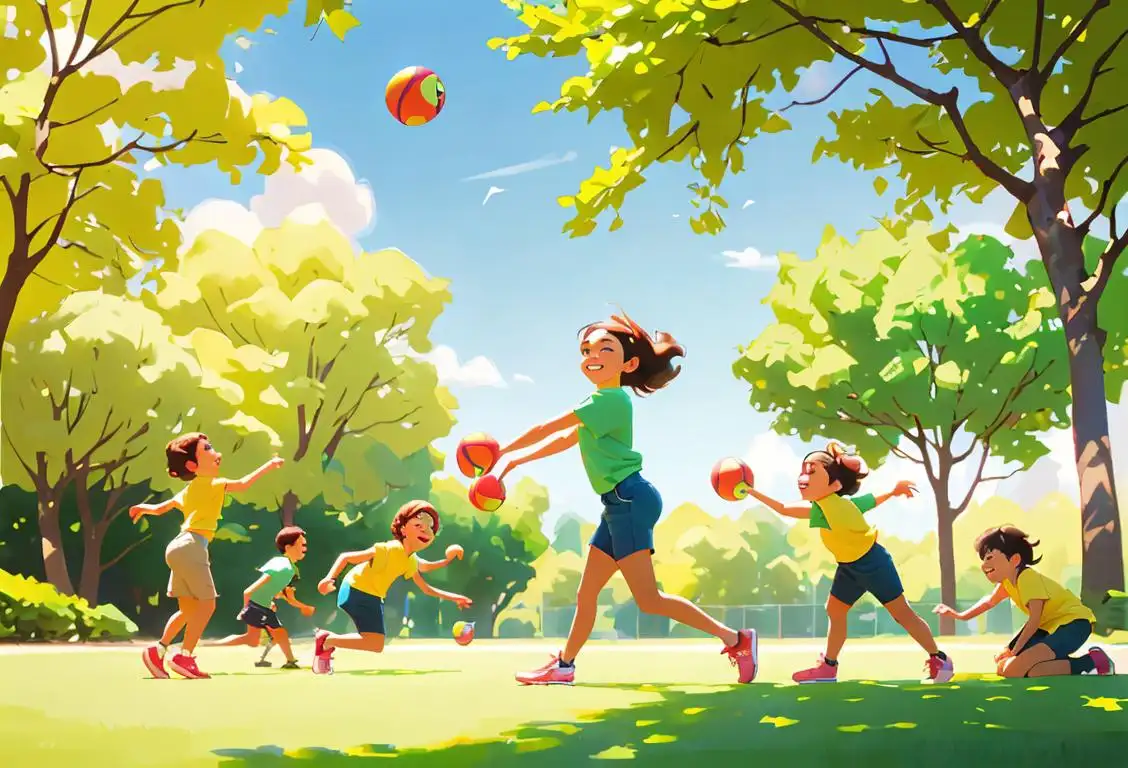 A group of smiling children playing wiffle ball in a sunny park, wearing colorful t-shirts and sneakers, surrounded by lush green trees..