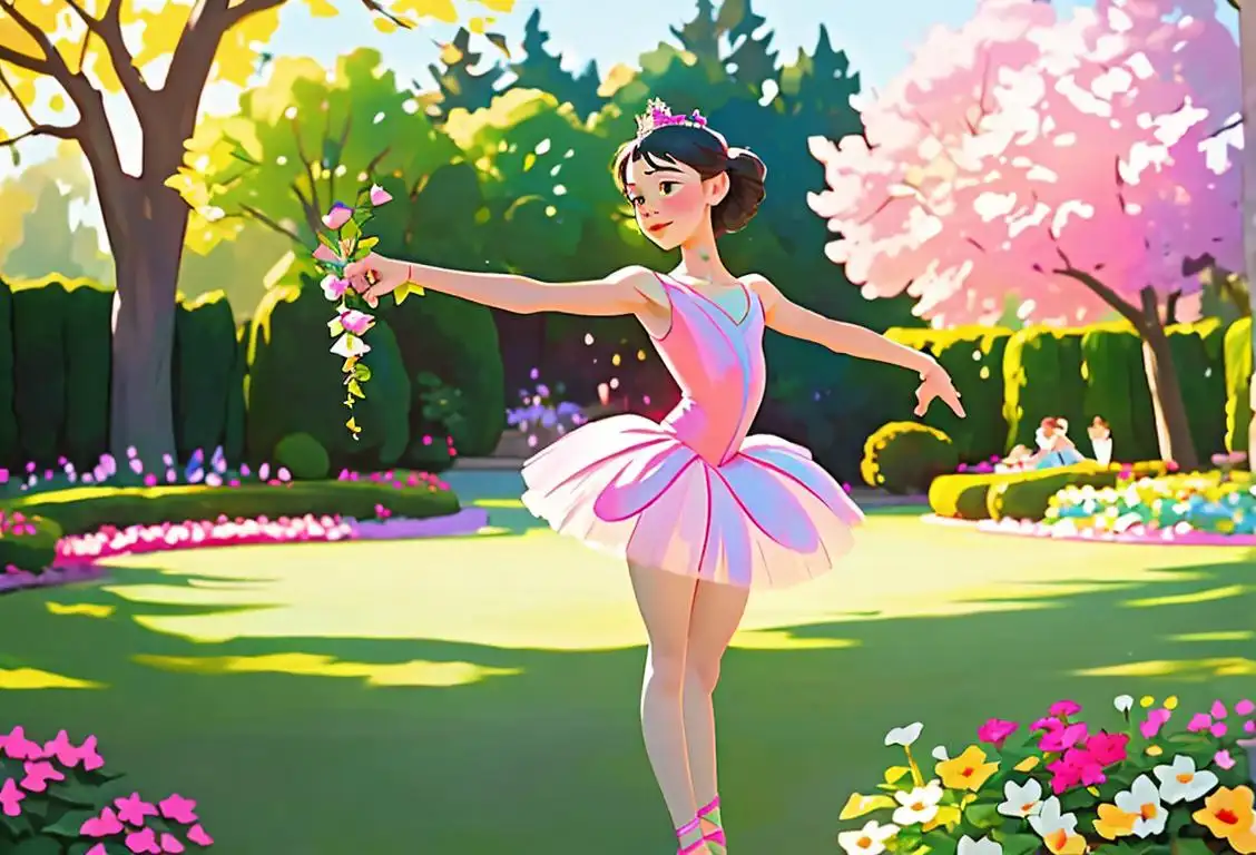 Young girl twirling in a colorful tutu, ballet shoes, garden setting with flowers in the background..