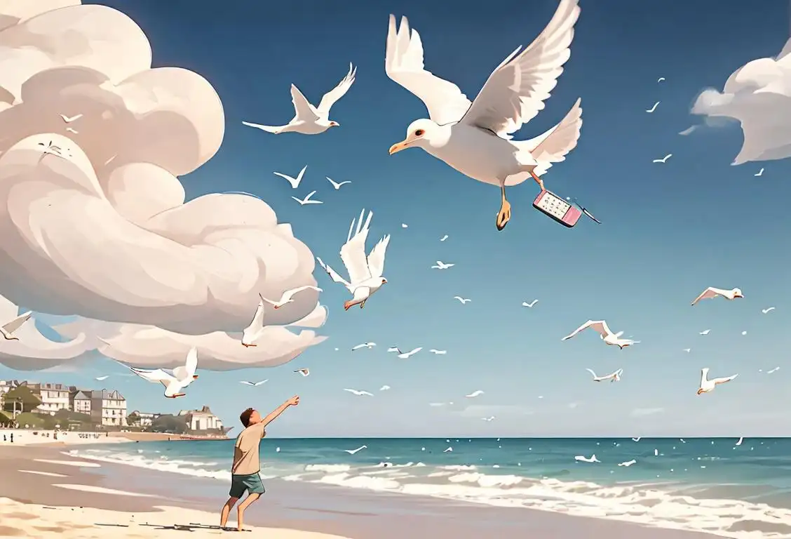 Young person in casual attire, throwing a calculator towards the sky, beach scene, happy seagulls flying around..