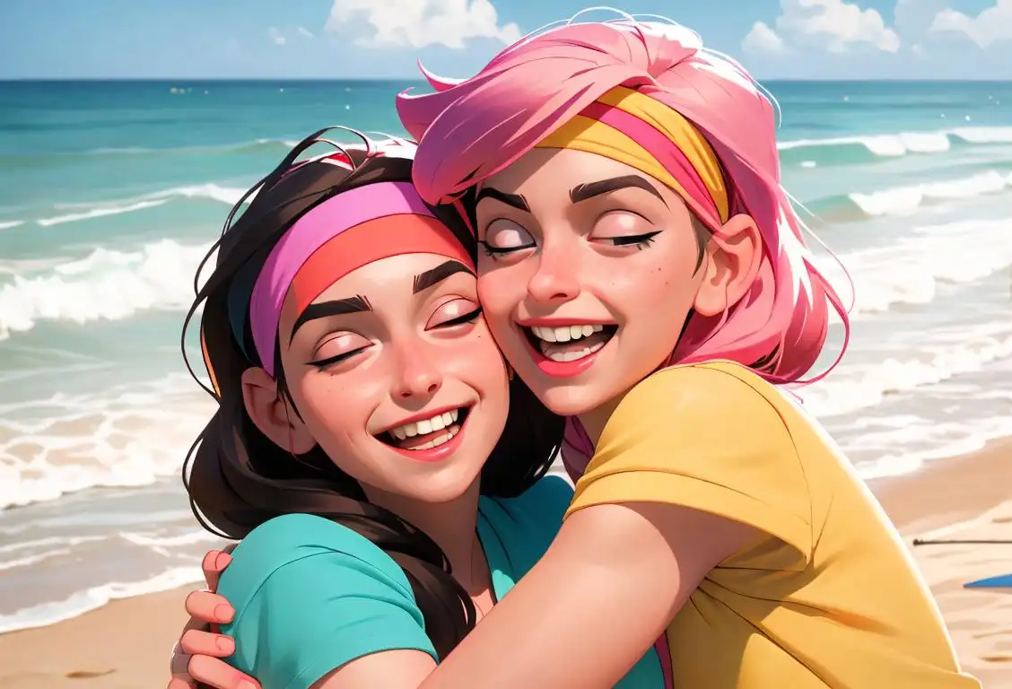 Two best friends laughing and hugging, one wearing a colorful headband and the other in a casual summer outfit, beach setting..