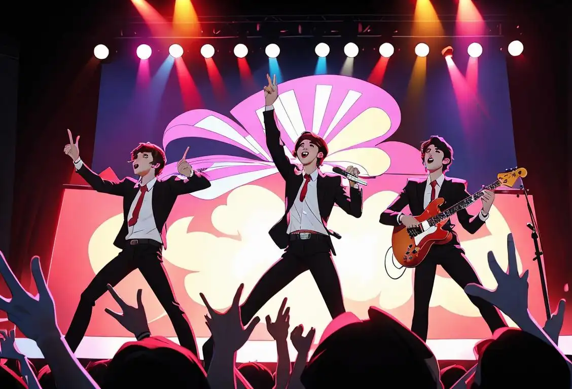 Four young men rocking out on stage with fans cheering in the background, wearing stylish outfits, concert atmosphere..