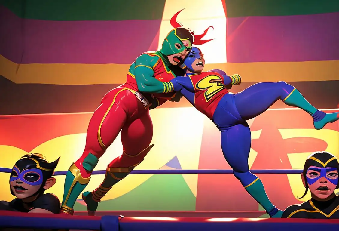 Luchadores in colorful spandex costumes performing high-flying moves in a packed wrestling ring, with enthusiastic fans in vintage Mexican fashion, vibrant Mexican city in the background..