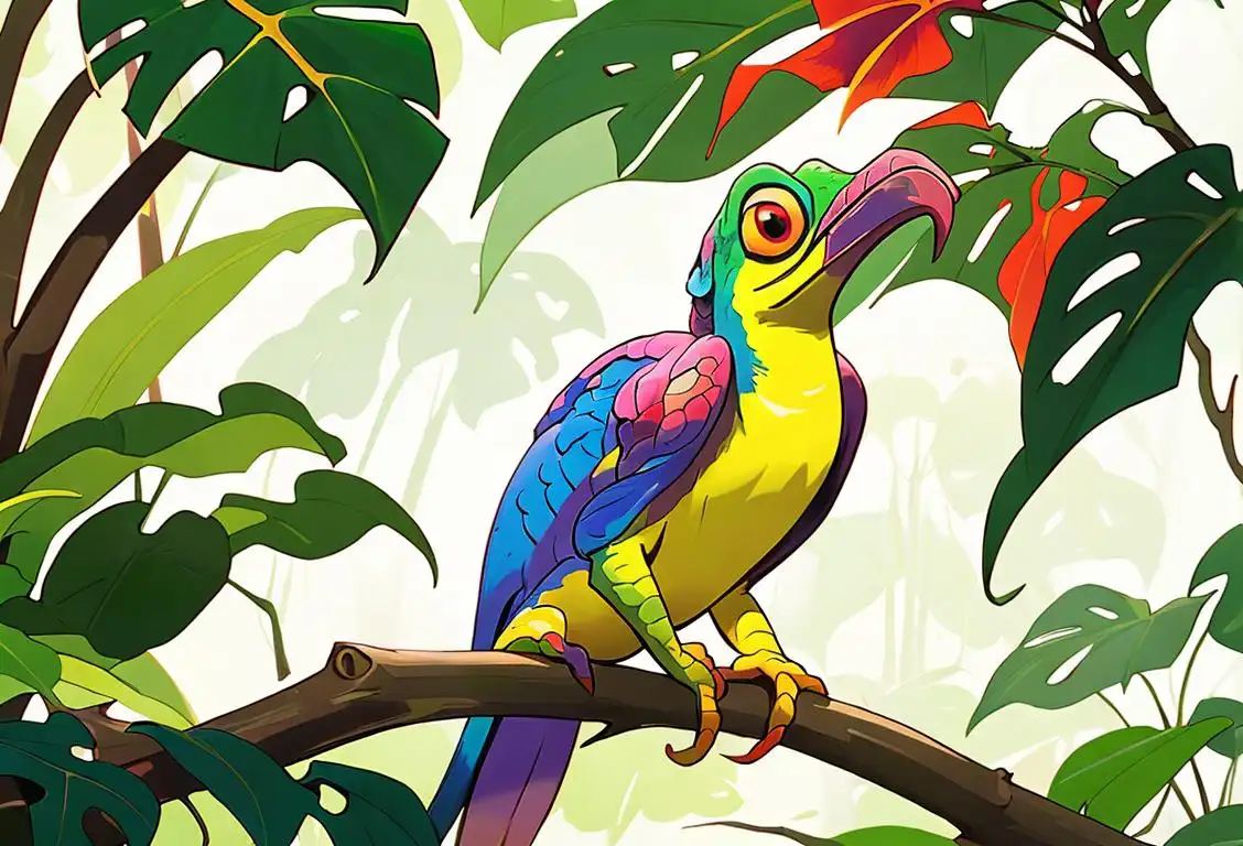 Chameleon blending into a vibrant tropical rainforest, wearing sunglasses, with a friendly toucan perched nearby..