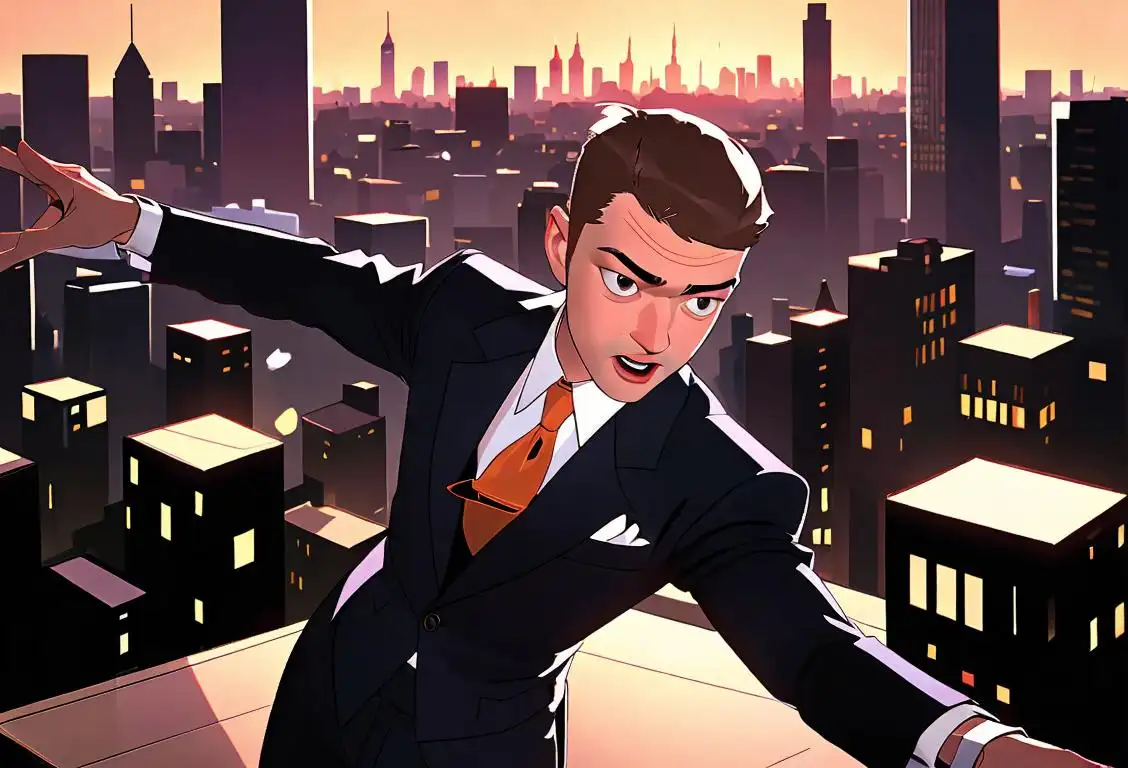Young man dancing energetically, wearing a stylish suit and tie, surrounded by a diverse crowd, city skyline backdrop..