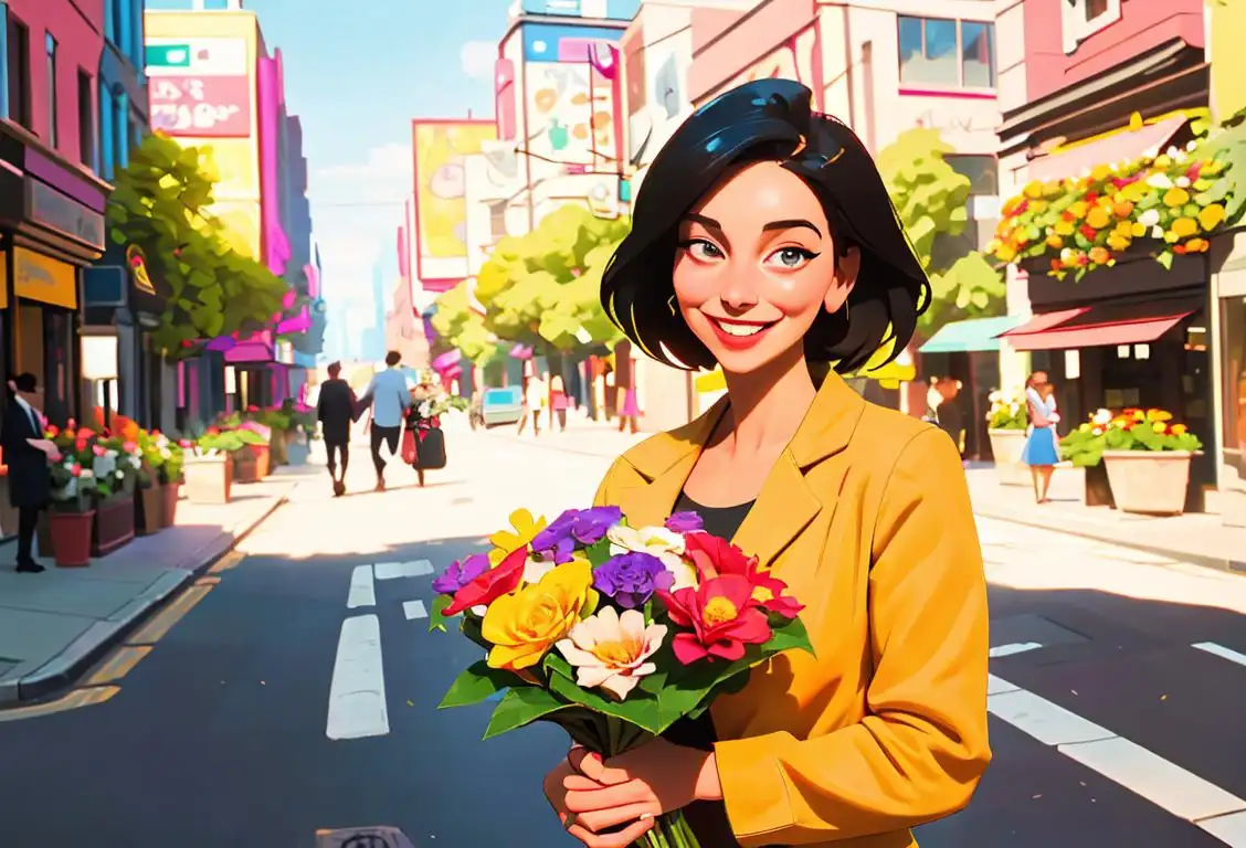 A smiling person handing a bouquet of flowers to a person, surrounded by bright colors and a cheerful city setting..