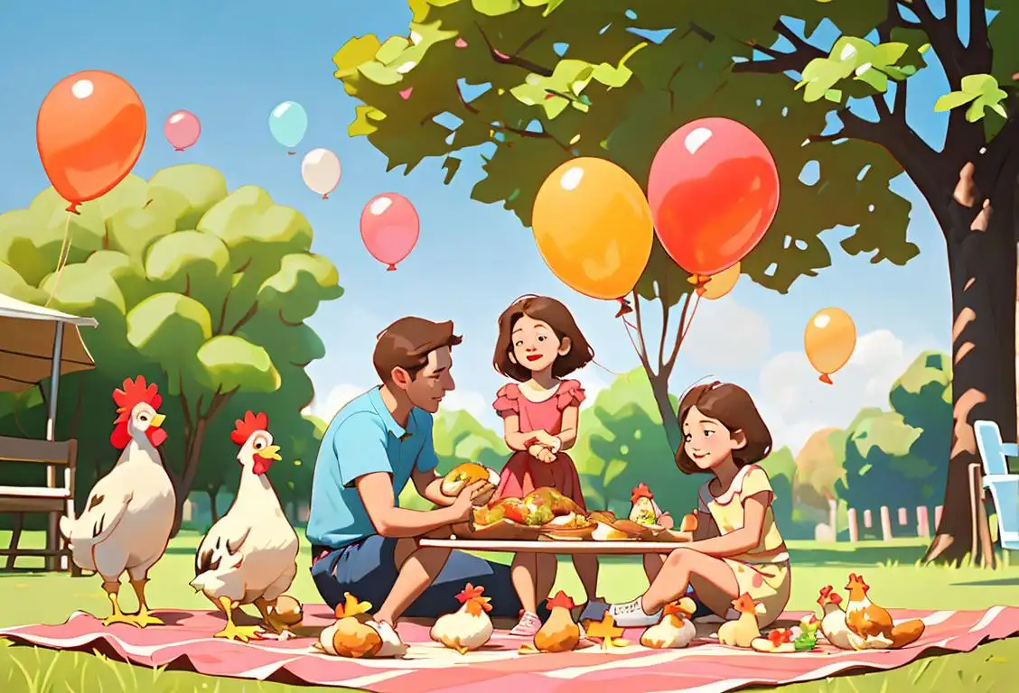 A family picnic in a sunny park; children enjoying chicken legs with barbeque sauce, wearing summer outfits, surrounded by playful pets and colorful balloons..