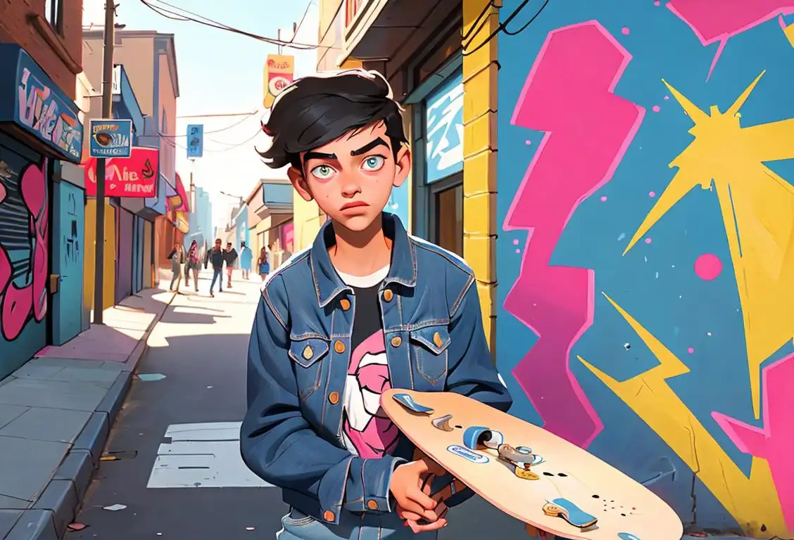 Teenager wearing a denim jacket, holding a skateboard, in a vibrant urban setting with graffiti and street art..