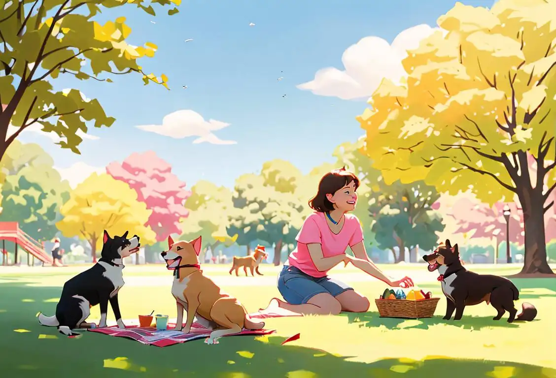 Young group of friends, including Sam, having a picnic in a sunny park, wearing casual summer outfits, surrounded by happy dogs..