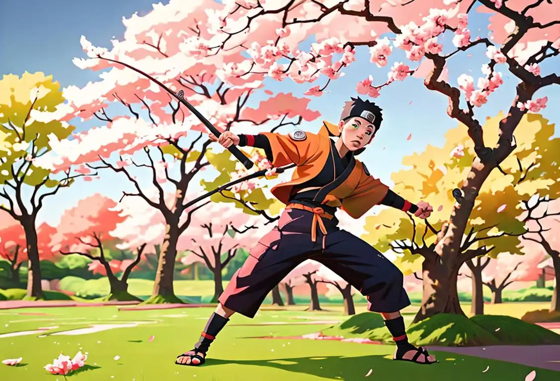 Young person dressed as Naruto, striking a dynamic pose, surrounded by cherry blossom trees and Japanese-inspired scenery..