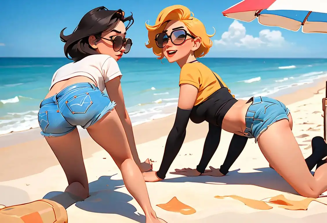 Two friends wearing shorts and sunglasses, enjoying a sunny day at the beach, with a playful spirit in their eyes..