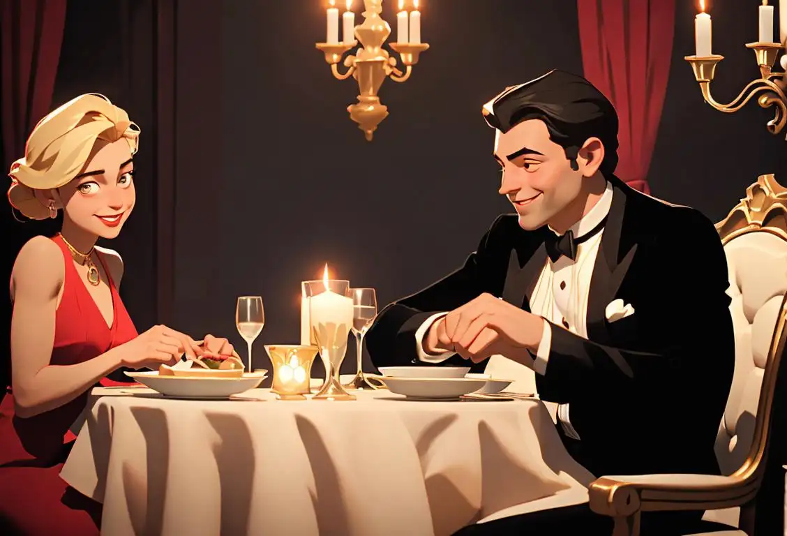 A smiling couple enjoying a romantic dinner with candles, dressed in elegant attire, surrounded by nostalgic photographs and mementos..