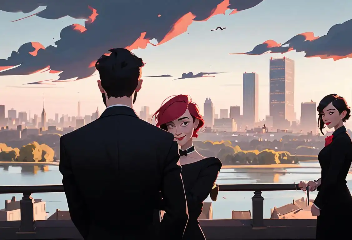 Two friends in formal attire, one holding a knife behind the other's back while smiling, with a city skyline in the background..