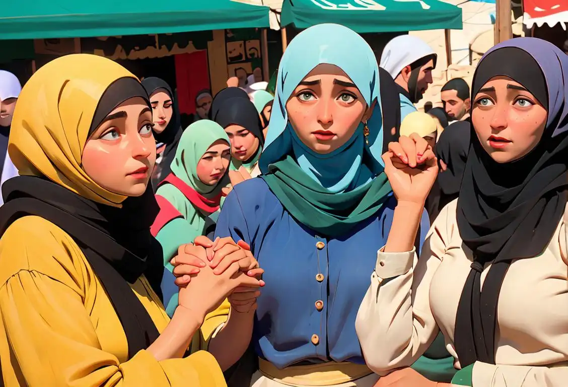 A diverse group of people holding hands, wearing traditional Palestinian clothing, in a lively outdoor market setting..