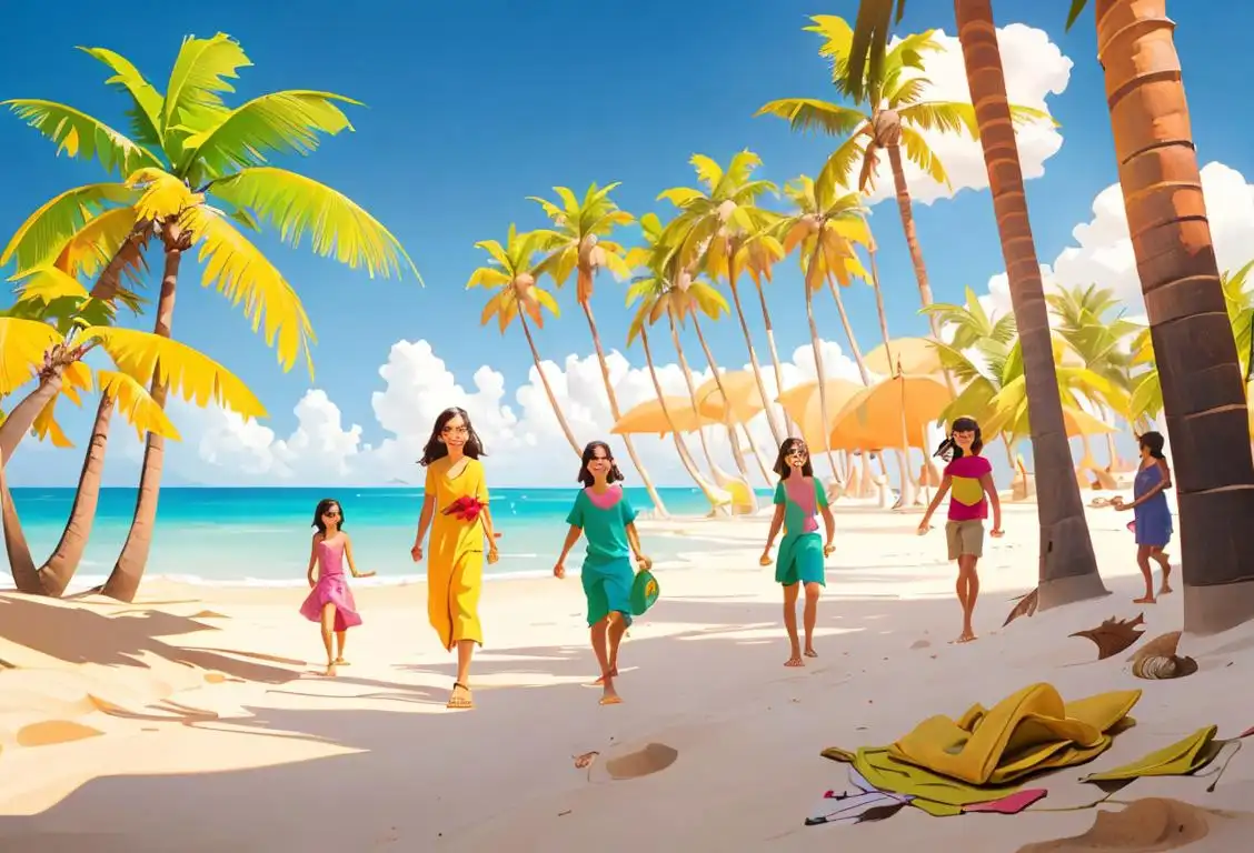 A group of people wearing colorful chappals in various styles, walking on a sandy beach with palm trees in the background..