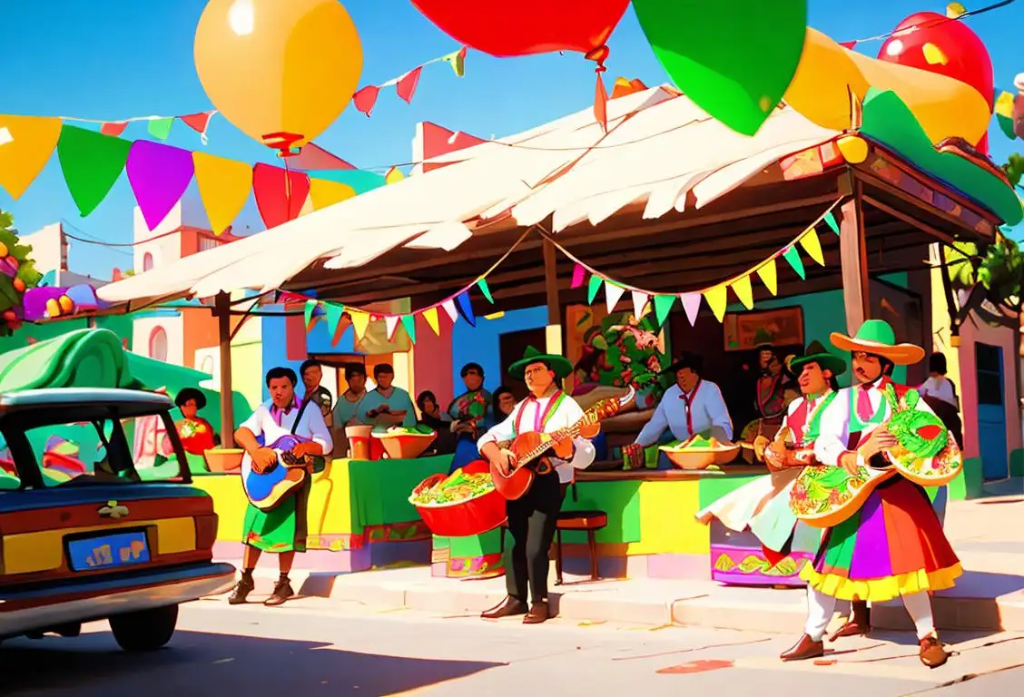 A festive celebration of National Mexican Food Day with a colorful Mexican street scene, people enjoying tacos, mariachi band playing, and decorations throughout..
