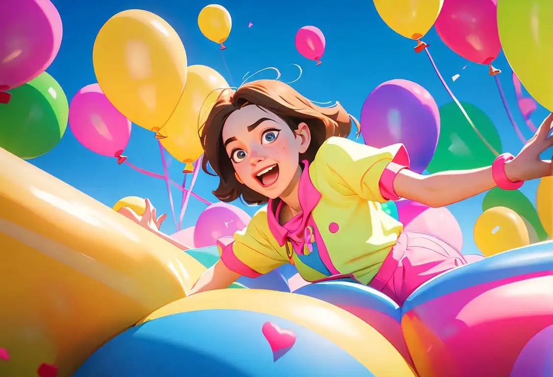 Excited group of people bouncing on a giant bouncy castle, wearing colorful clothes, surrounded by balloons and confetti..