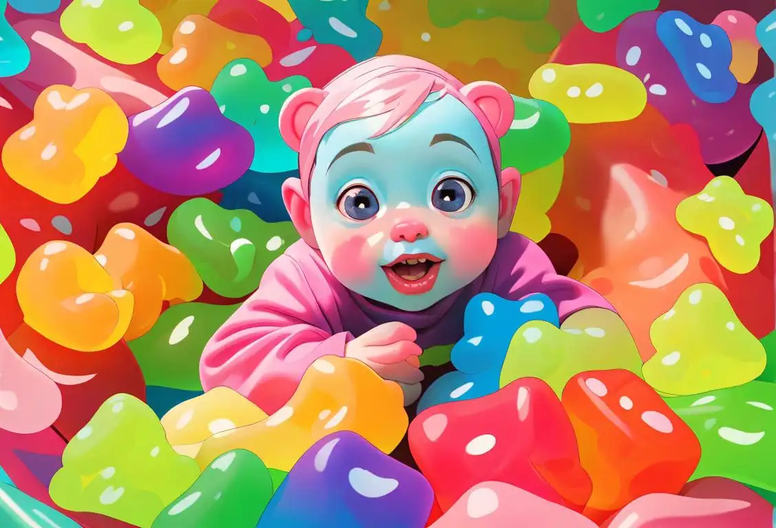 Colorful and playful children surrounded by piles of gummy bears, wearing polka dot clothes, in a candy-filled wonderland..